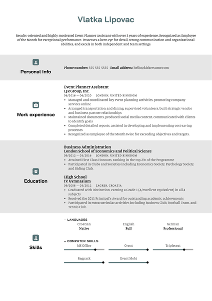 Event Planner Assistant Resume Sample