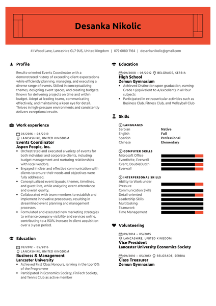 Events Coordinator Resume Example