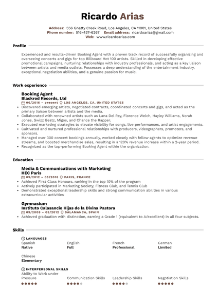 Booking Agent Resume Sample
