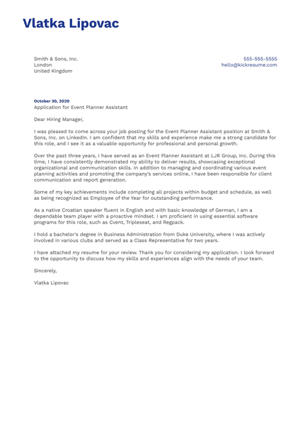 Event Planner Assistant Cover Letter Sample