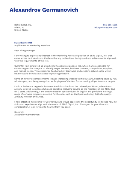 Marketing Associate Cover Letter Example