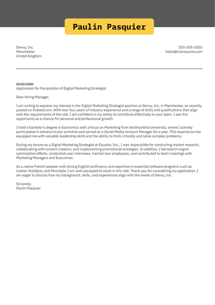 Digital Marketing Strategist Cover Letter Sample