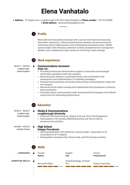 Communications Assistant Resume Example
