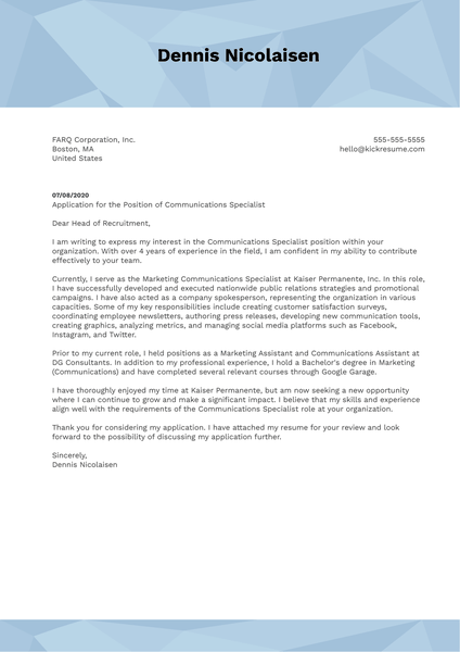 Communications Specialist Cover Letter Example