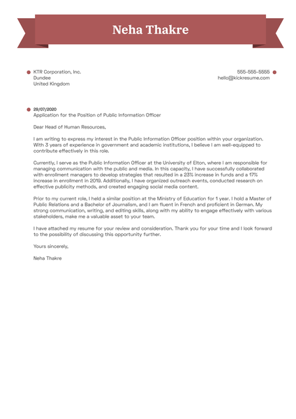 Public Information Officer Cover Letter Sample