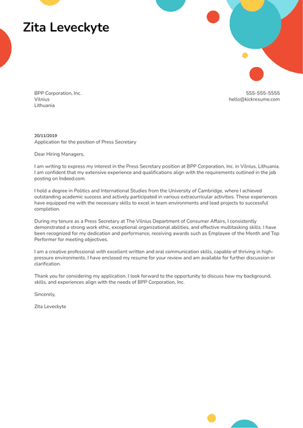 Press Secretary Cover Letter Example