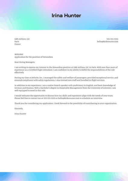 Stewardess Cover Letter Example