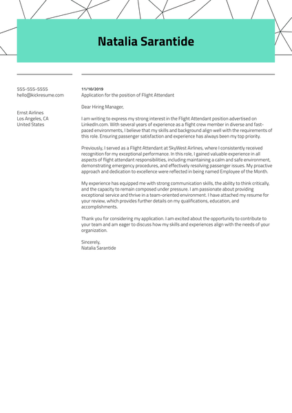 Flight Attendant Cover Letter Example