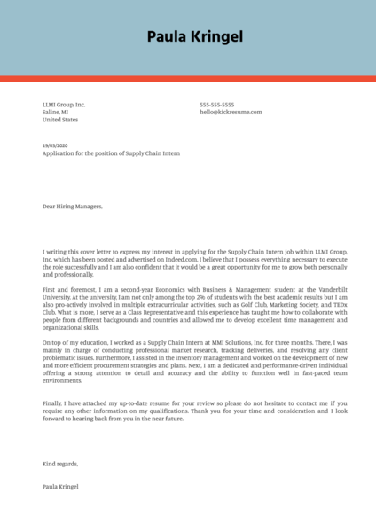 Supply Chain Internship Cover Letter Example