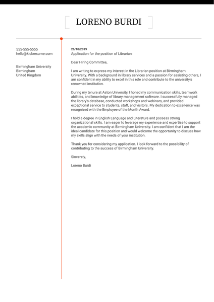 Librarian Cover Letter Example