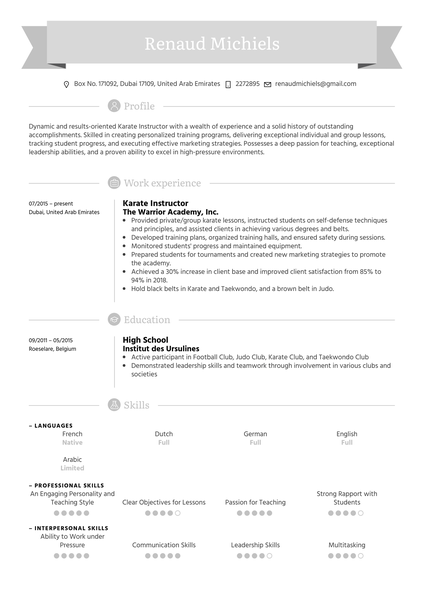 Karate Instructor Resume Sample