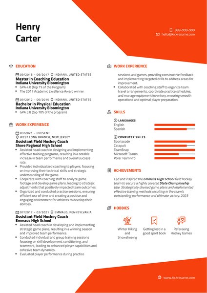 Assistant Field Hockey Coach Resume Sample