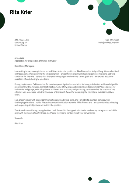 Pilates Instructor Cover Letter Example