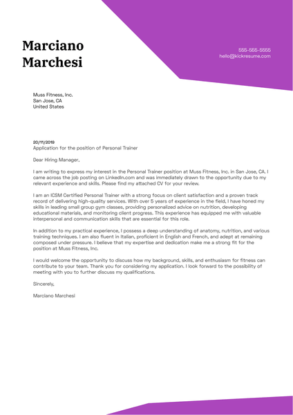 Personal Trainer Cover Letter Example