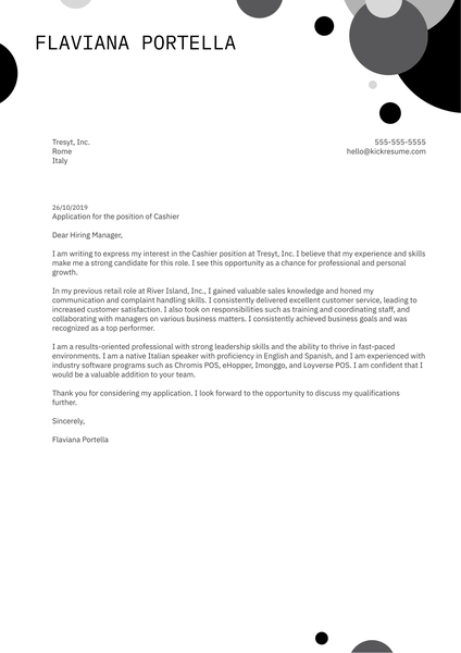 Cashier Cover Letter Sample