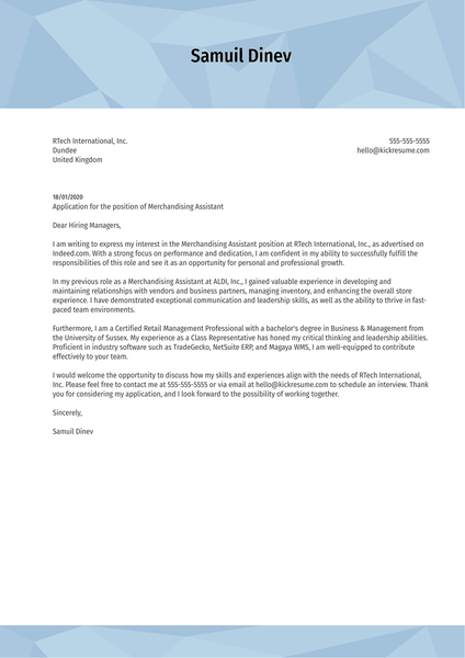 Merchandising Assistant Cover Letter Example