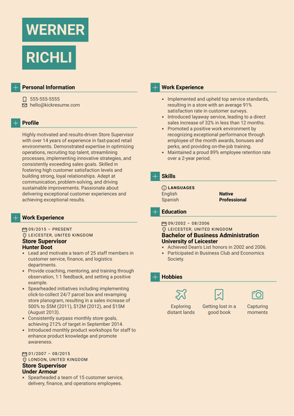Supervisor Resume Sample