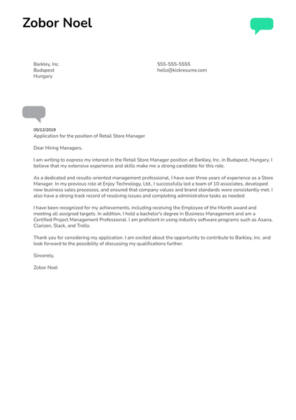 Retail Store Manager Cover Letter Sample