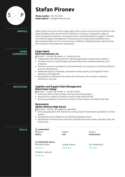 Cargo Agent Resume Sample