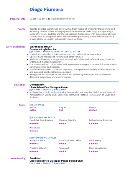 Warehouse Driver Resume Sample