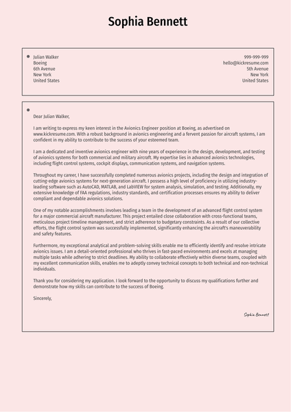 Avionics Engineer Cover Letter Sample