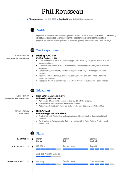 Leasing Specialist Resume Example