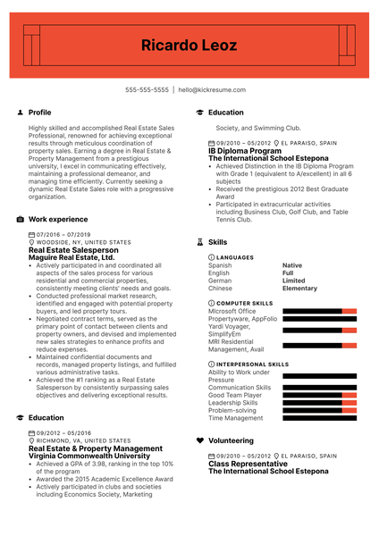 Real Estate Salesperson Resume Sample