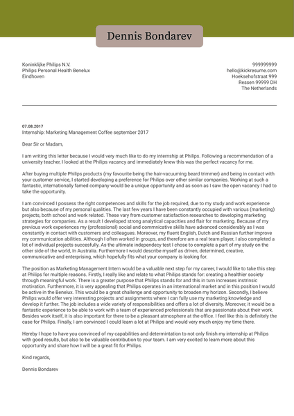 Philips Marketing Intern Cover Letter Sample