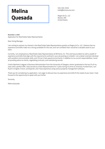 Real Estate Sales Representative Cover Letter Sample