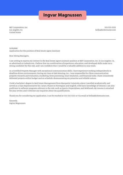 Real Estate Agent Assistant Cover Letter Example
