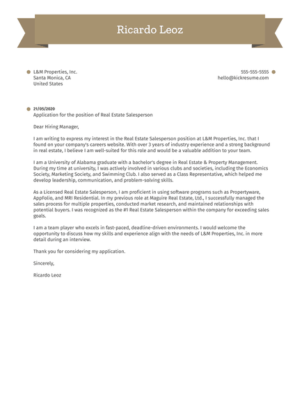 Real Estate Salesperson Cover Letter Sample