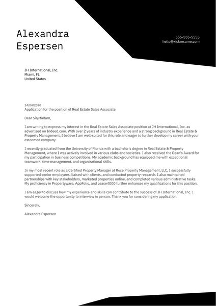 Real Estate Sales Associate Cover Letter Example