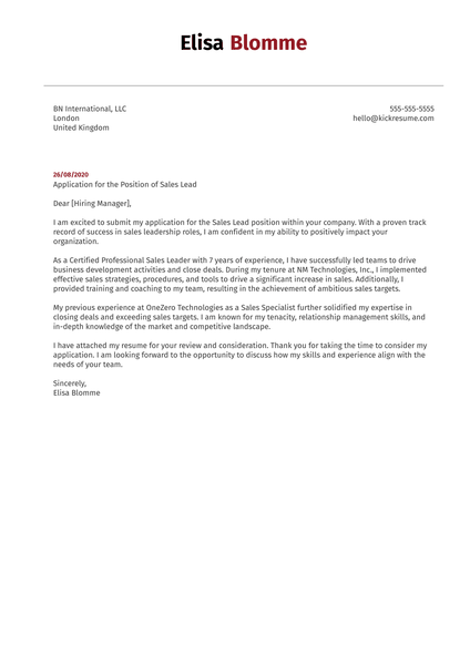 Sales Lead Cover Letter Sample