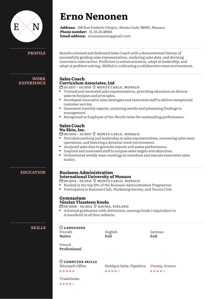 Sales Coach Resume Sample