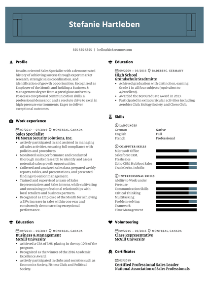 Sales Specialist Resume Example