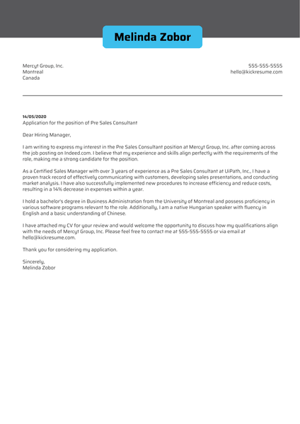 Pre Sales Consultant Cover Letter Example