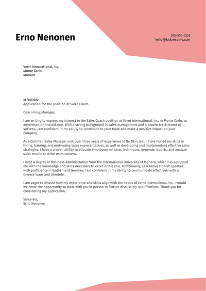 Sales Coach Cover Letter Sample