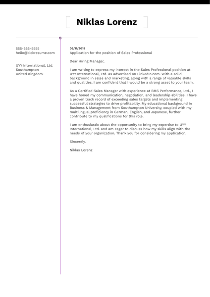 Sales Professional Cover Letter Example