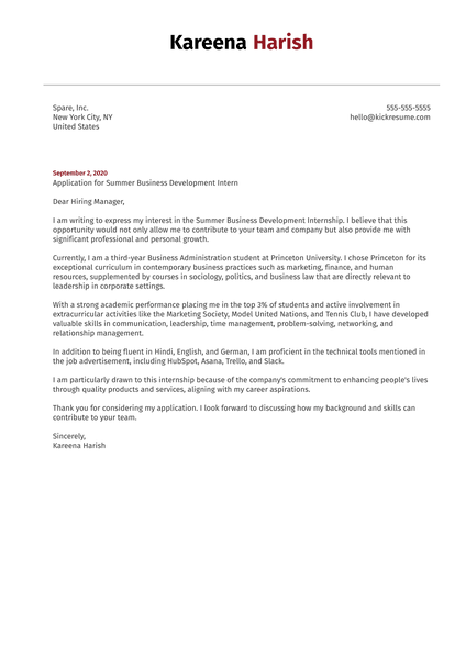 Business Development Intern Cover Letter Example