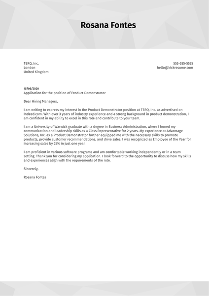 Product Demonstrator Cover Letter Example