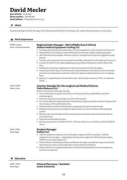 Regional Sales Manager at Medoxa Resume Sample