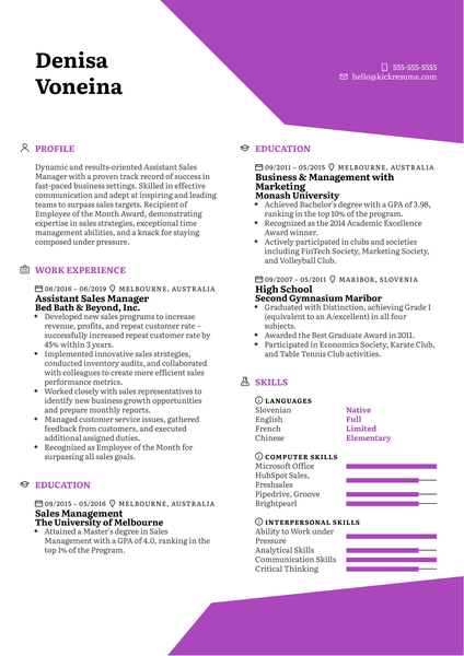 Assistant Sales Manager Resume Example