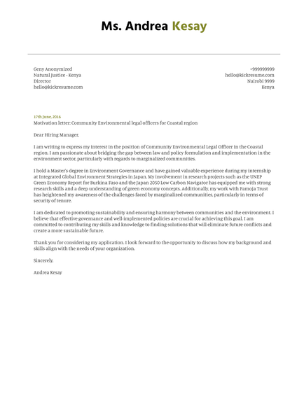 Environmental Research Assistant Cover Letter