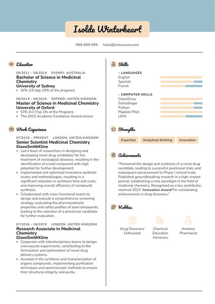 Senior Scientist Medicinal Chemistry Resume Sample
