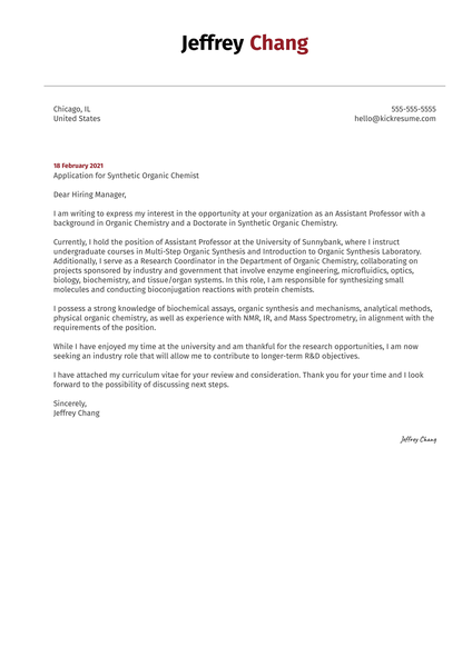 Synthetic Organic Chemist Cover Letter Example