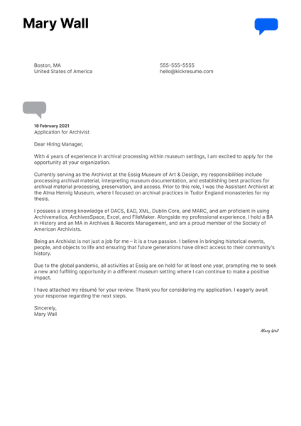 Archivist Cover Letter Sample