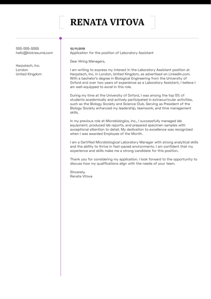 Laboratory Assistant Cover Letter Example
