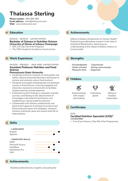 Assistant Professor Nutrition and Food Science Resume Sample
