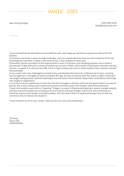 PepsiCo Sales Intelligence Manager Cover Letter Sample