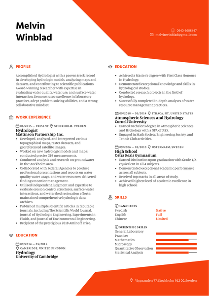 Hydrologist Resume Sample